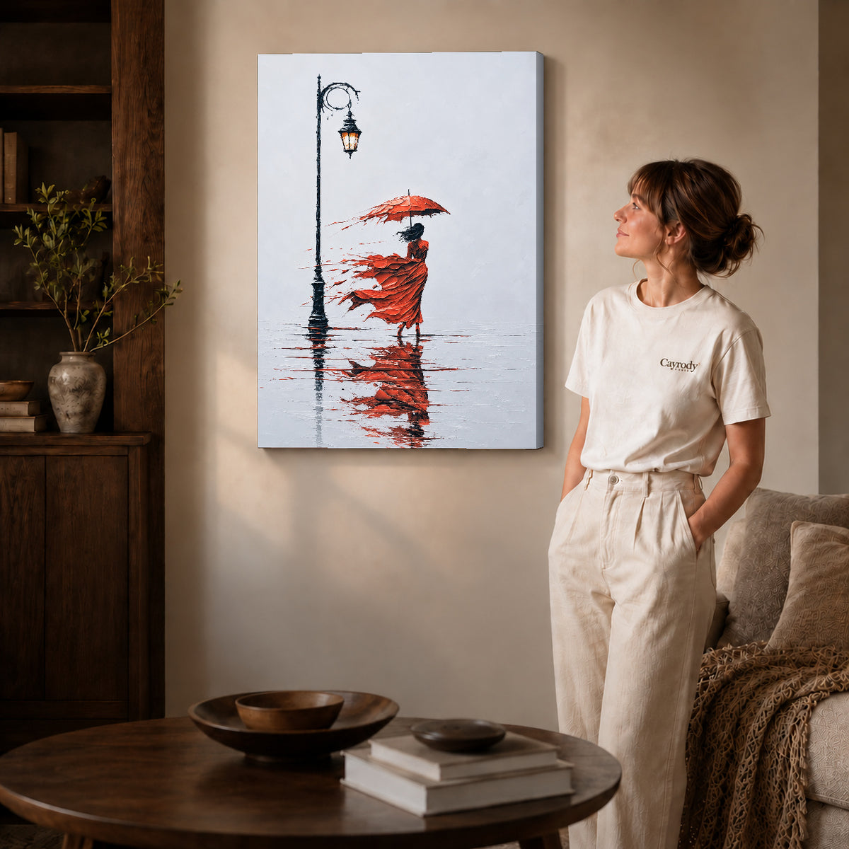 Gallery wrapped windy red umbrella artwork scene assigned to all six unframed wrapped canvas sizes.
