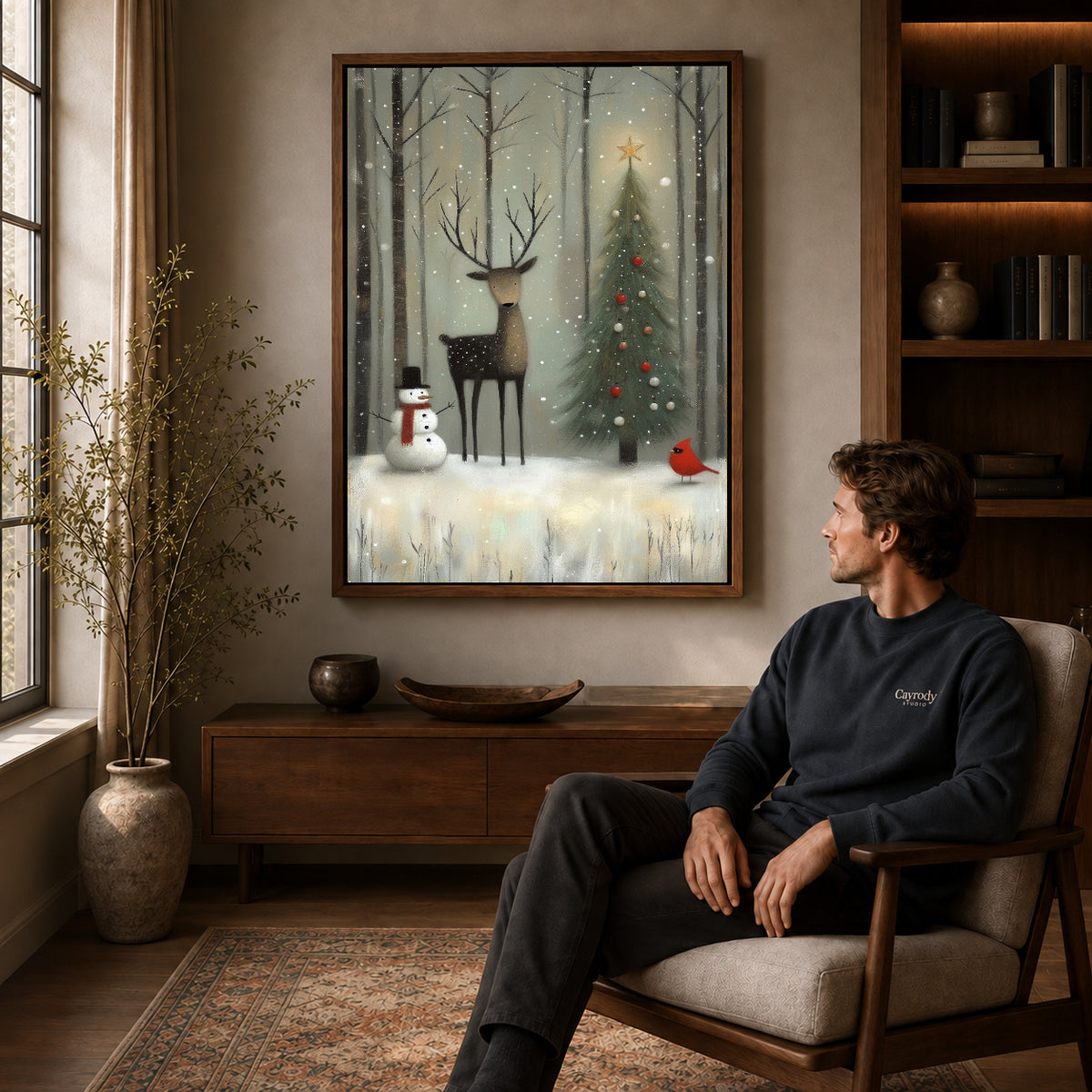 Walnut framed winter forest friends artwork above a seated man in a wood furnished living room.
