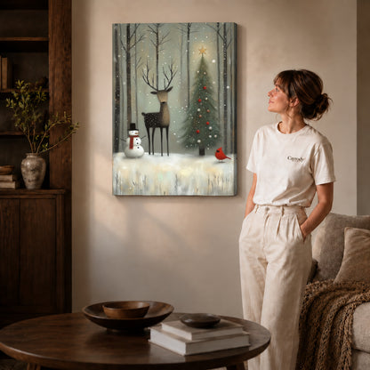 Gallery wrapped winter forest friends artwork with shaded canvas edges beside a woman wearing cream clothing.