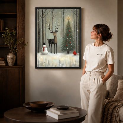 Black framed winter forest friends artwork beside a woman in a warm neutral living room.
