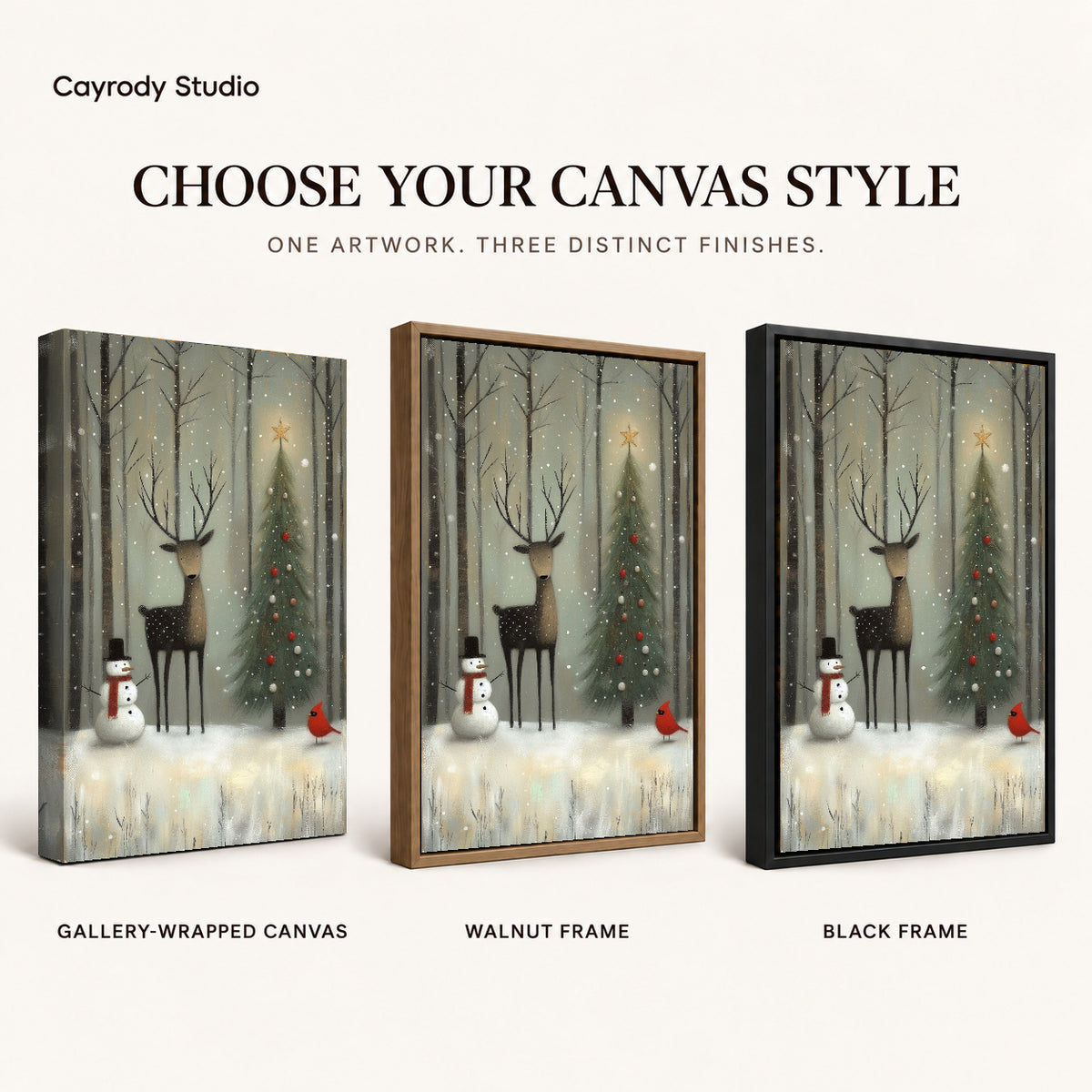Winter Forest Friends artwork finish chart showing gallery wrapped canvas, walnut frame, and black frame options.