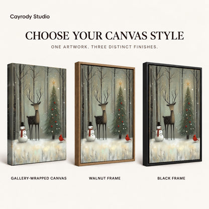 Winter Forest Friends artwork finish chart showing gallery wrapped canvas, walnut frame, and black frame options.