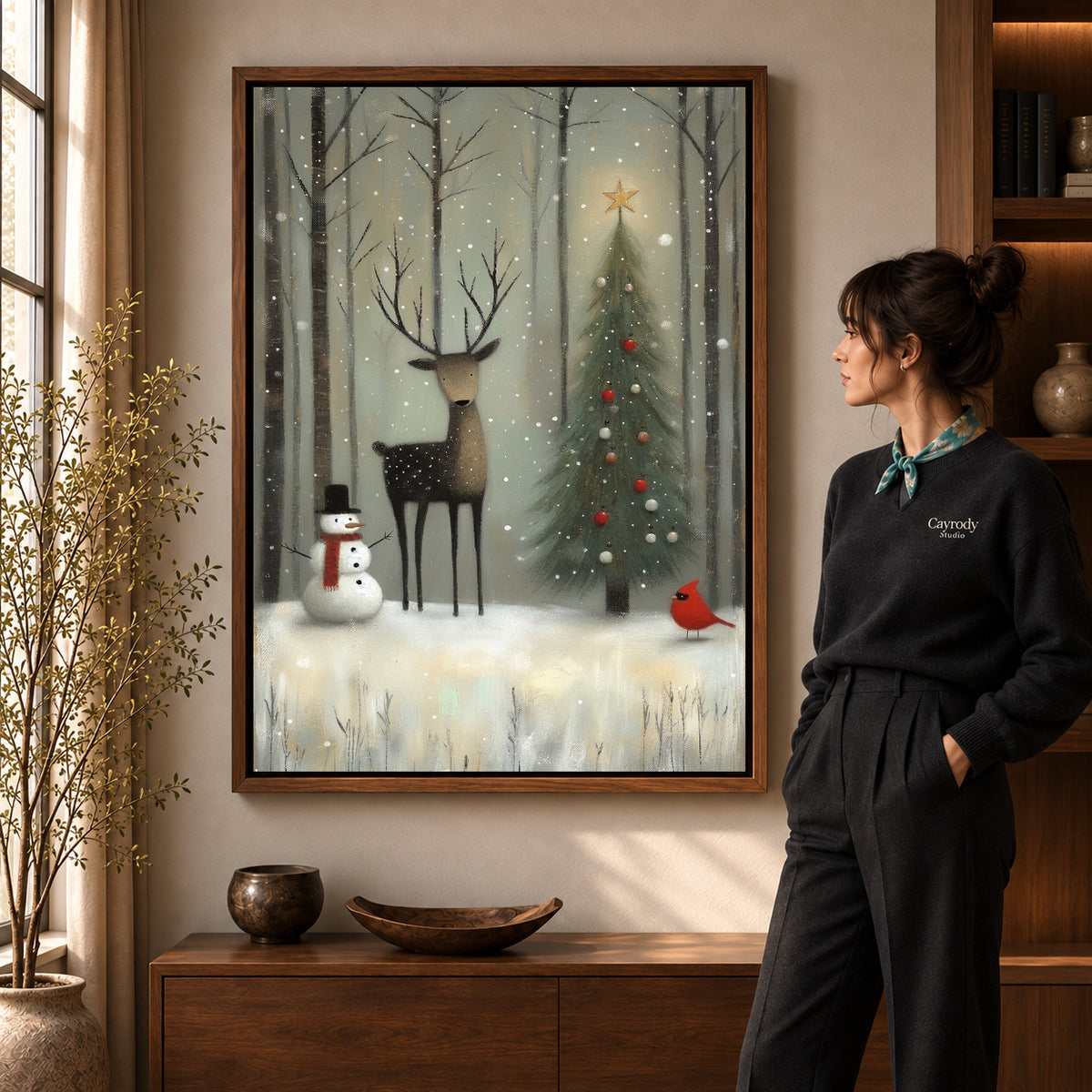 Walnut framed winter forest friends artwork scene assigned to all six walnut framed canvas sizes.
