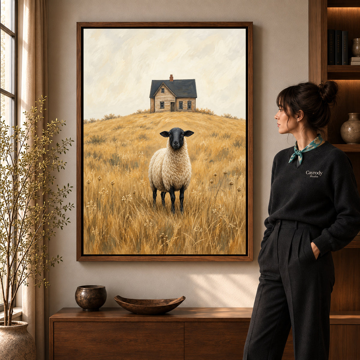 Farmhouse Sheep Portrait artwork in a walnut frame beside a standing woman in a warm room.