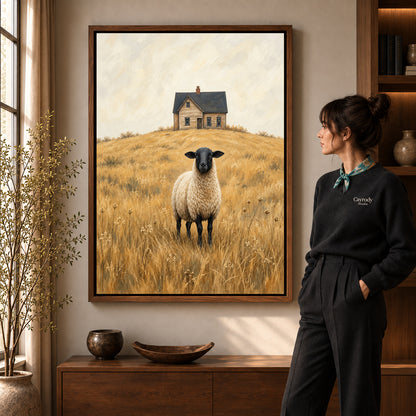 Farmhouse Sheep Portrait artwork in a walnut frame beside a standing woman in a warm room.