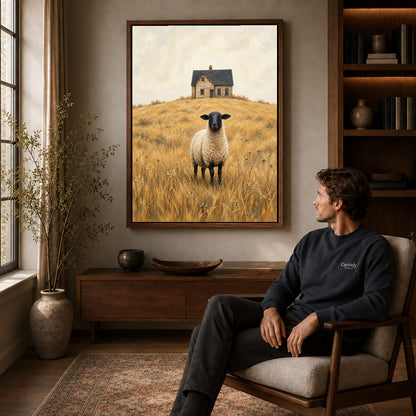 Walnut framed farmhouse sheep portrait artwork above a seated man in a wood furnished living room.