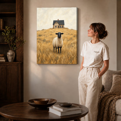 Gallery wrapped farmhouse sheep portrait artwork with shaded canvas edges beside a woman wearing cream clothing.