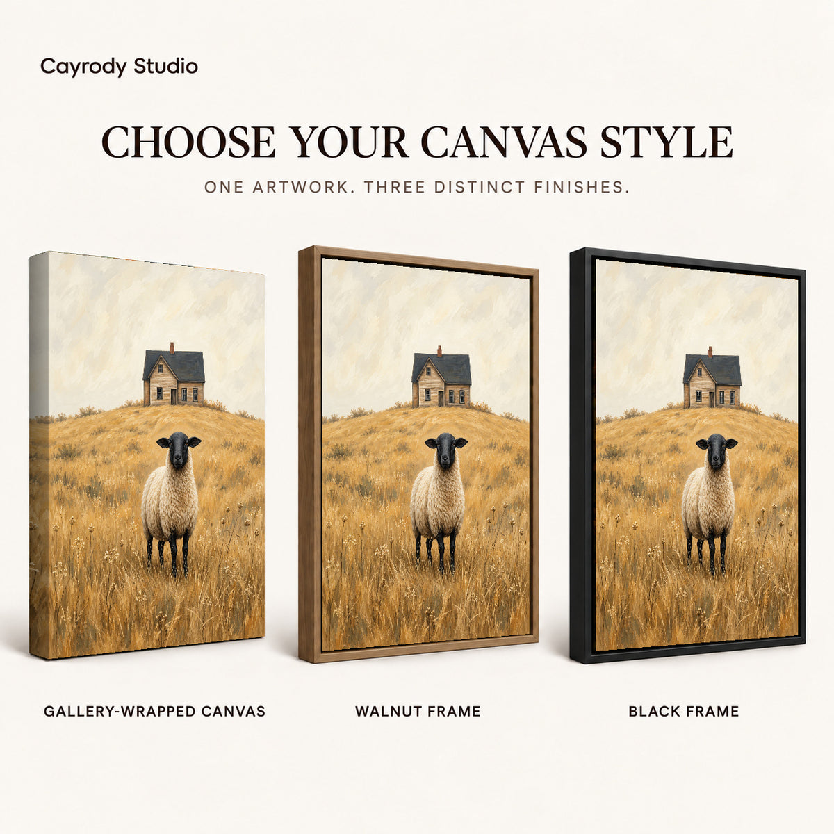 Farmhouse Sheep Portrait artwork finish chart showing gallery wrapped canvas, walnut frame, and black frame options.
