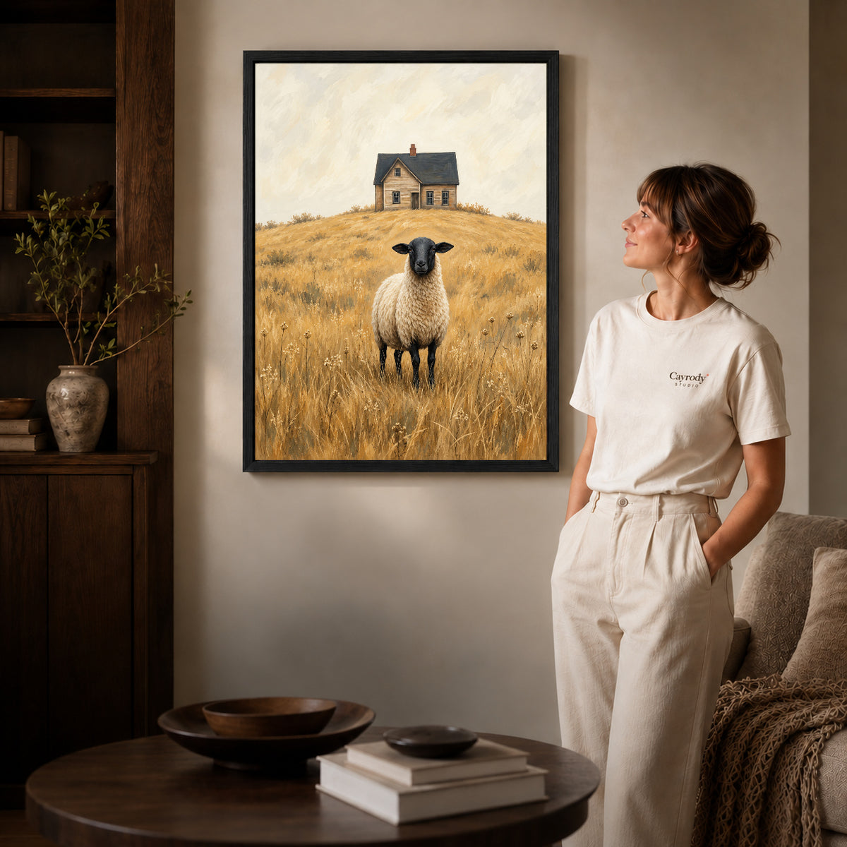 Black framed farmhouse sheep portrait artwork scene assigned to all six black framed canvas sizes.
