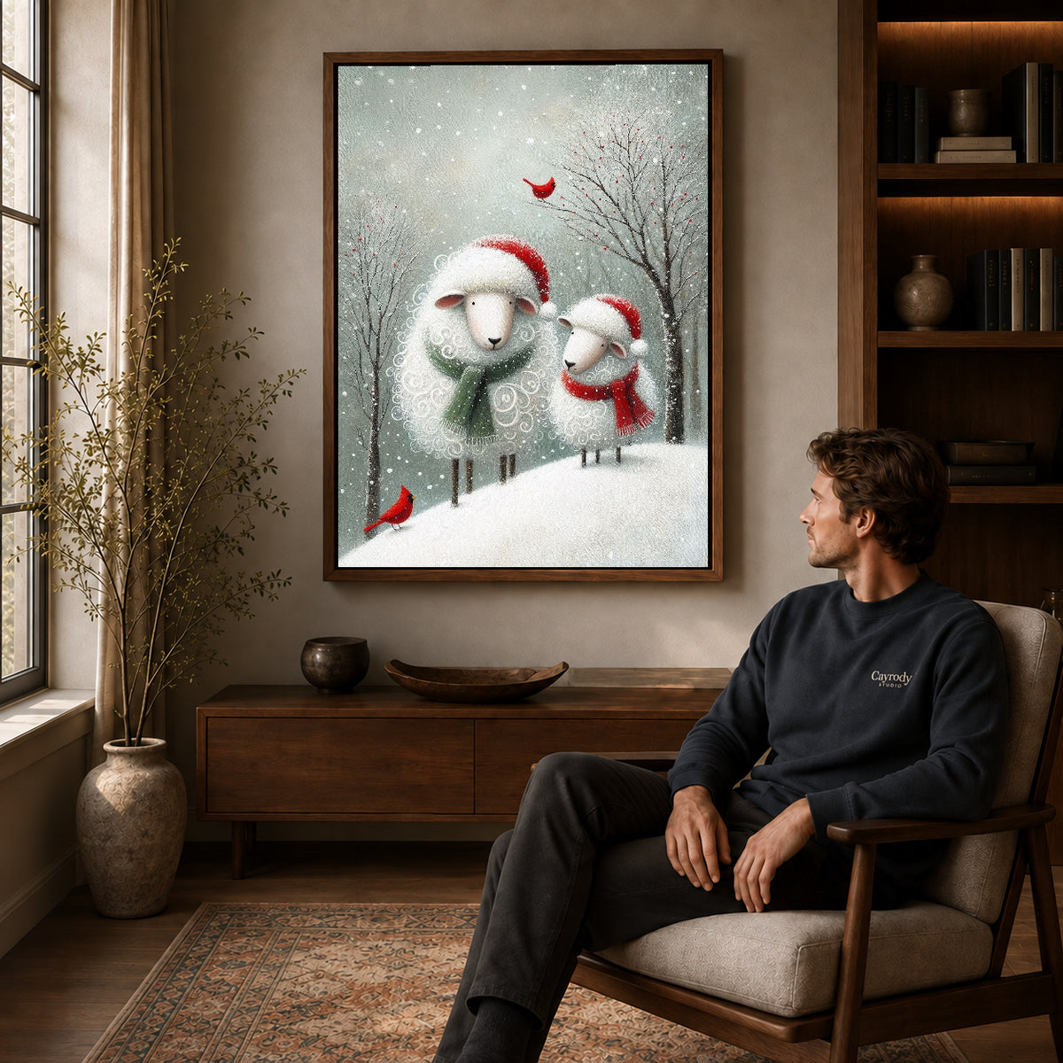 Walnut framed christmas sheep pair artwork above a seated man in a wood furnished living room.