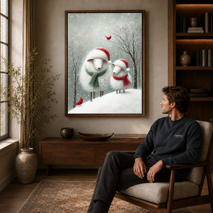 Walnut framed christmas sheep pair artwork above a seated man in a wood furnished living room.