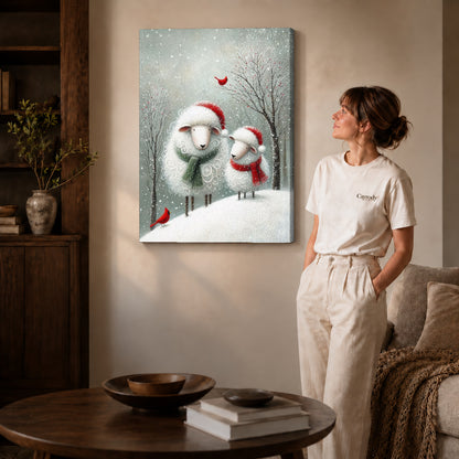 Gallery wrapped christmas sheep pair artwork with shaded canvas edges beside a woman wearing cream clothing.