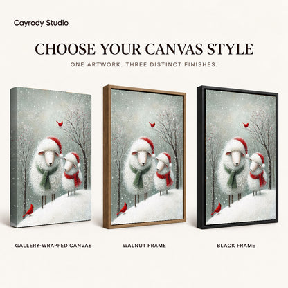 Christmas Sheep Pair artwork finish chart showing gallery wrapped canvas, walnut frame, and black frame options.