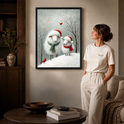Black framed christmas sheep pair artwork scene assigned to all six black framed canvas sizes.