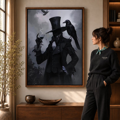 Gothic Raven Gentleman artwork in a walnut frame beside a standing woman in a warm room.