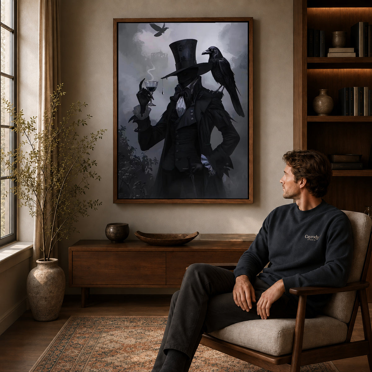 Walnut framed gothic raven gentleman artwork above a seated man in a wood furnished living room.