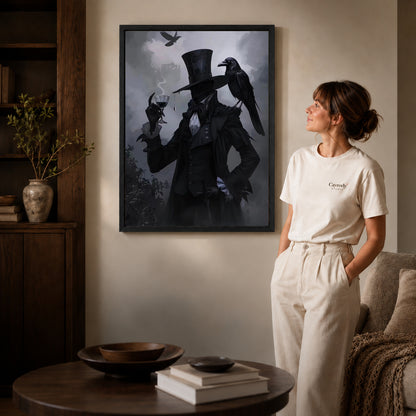 Black framed gothic raven gentleman artwork beside a woman in a warm neutral living room.