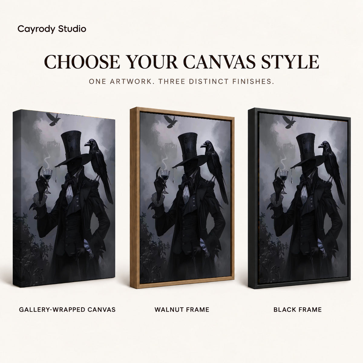 Gothic Raven Gentleman artwork finish chart showing gallery wrapped canvas, walnut frame, and black frame options.
