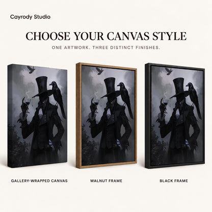 Gothic Raven Gentleman artwork finish chart showing gallery wrapped canvas, walnut frame, and black frame options.
