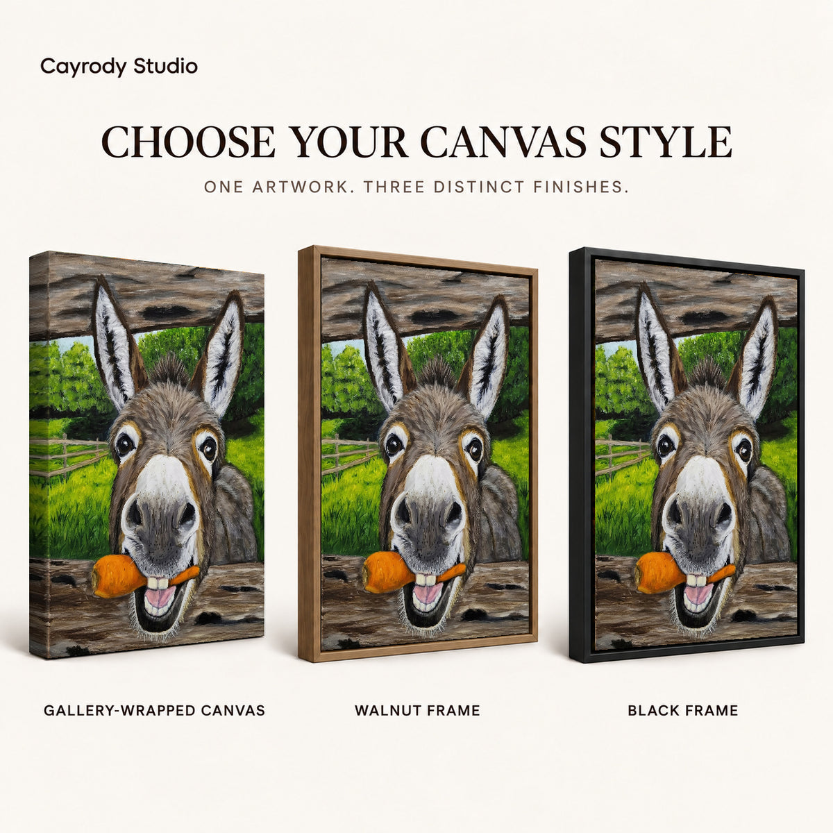Carrot Loving Donkey artwork finish chart showing gallery wrapped canvas, walnut frame, and black frame options.