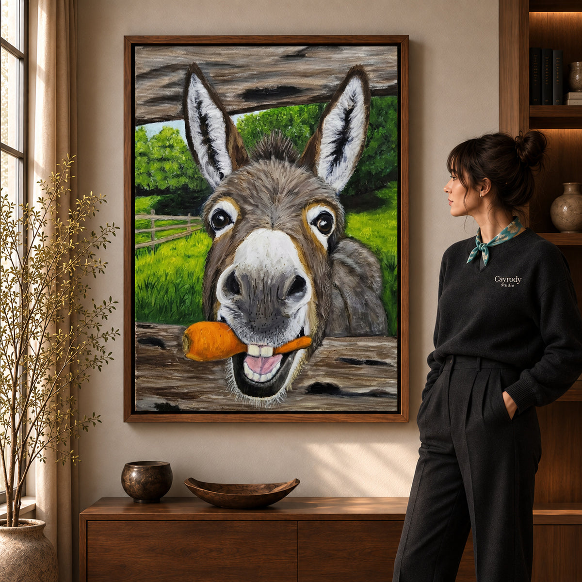 Walnut framed carrot loving donkey artwork scene assigned to all six walnut framed canvas sizes.