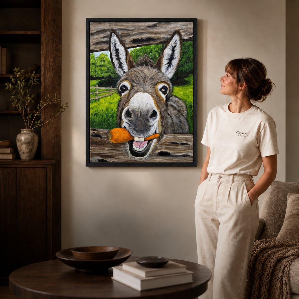 Black framed carrot loving donkey artwork scene assigned to all six black framed canvas sizes.