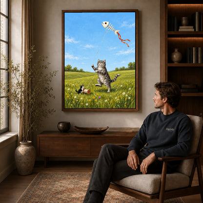 Walnut framed kitten kite friends artwork above a seated man in a wood furnished living room.