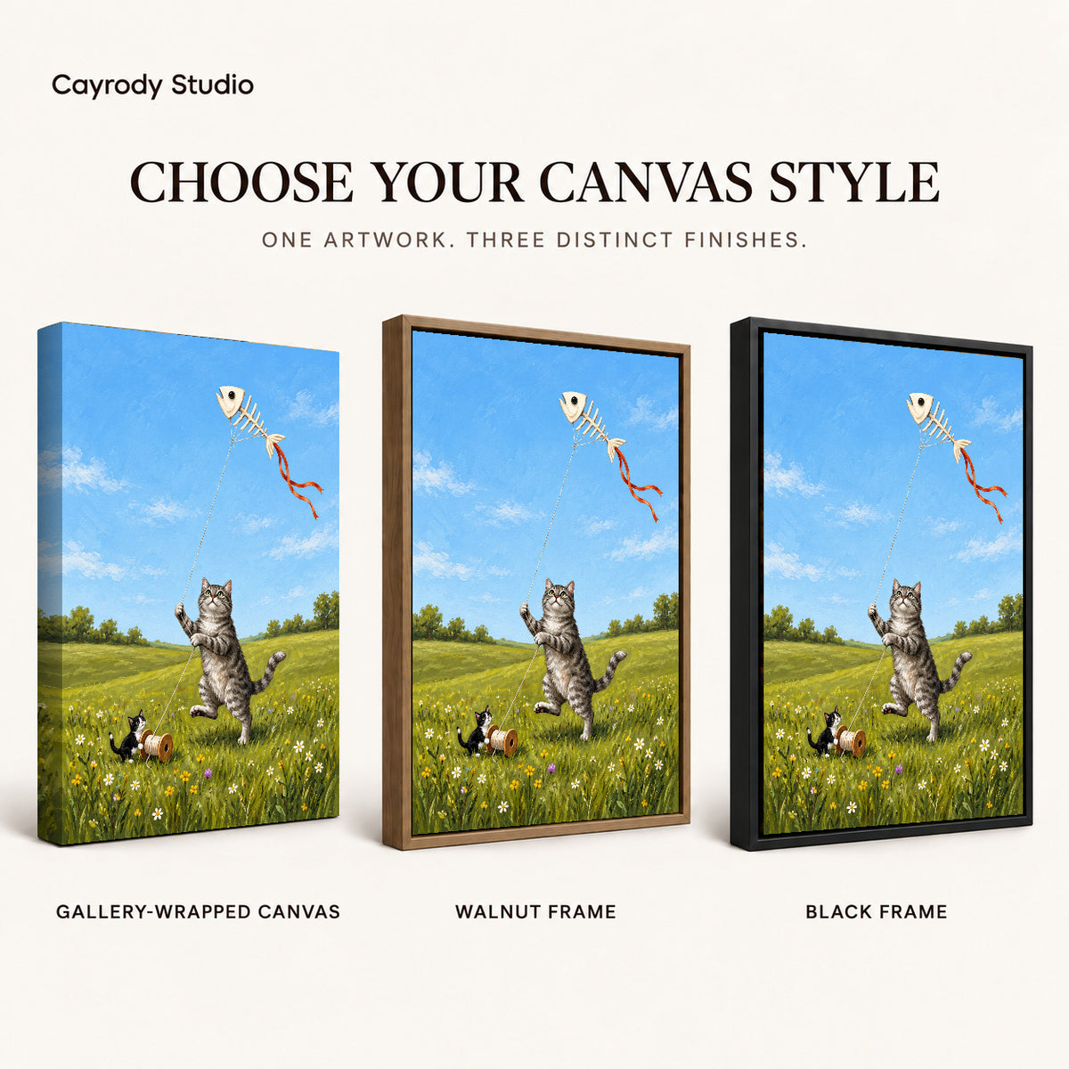 Kitten Kite Friends artwork finish chart showing gallery wrapped canvas, walnut frame, and black frame options.