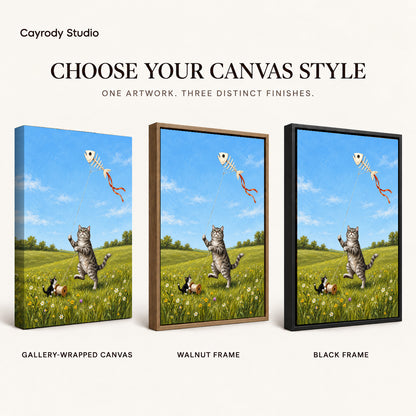 Kitten Kite Friends artwork finish chart showing gallery wrapped canvas, walnut frame, and black frame options.