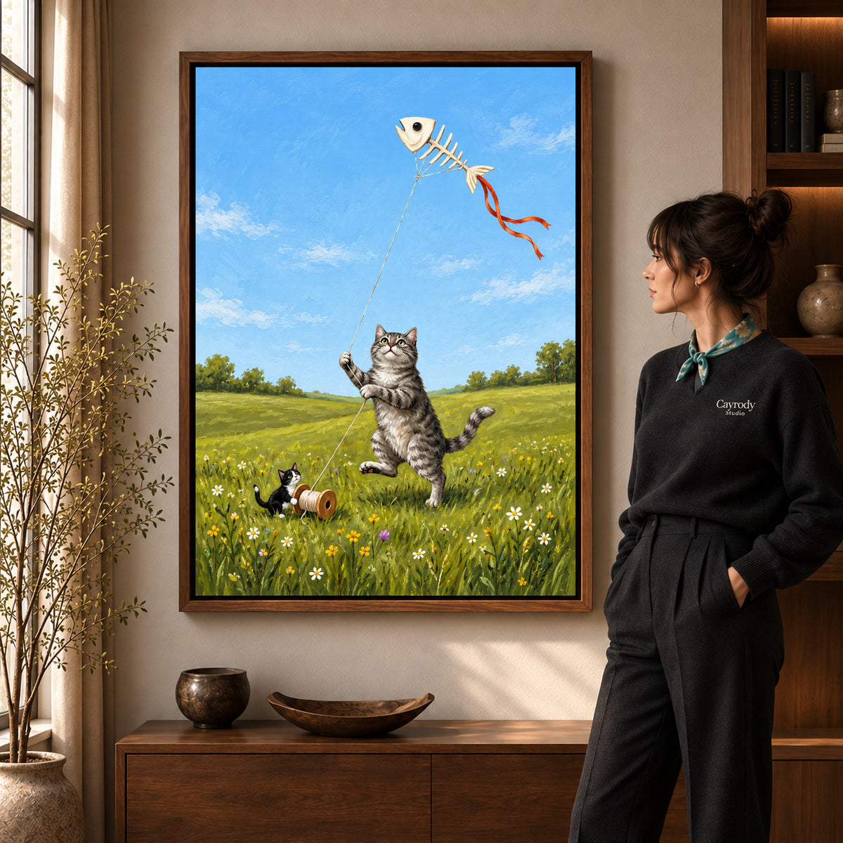 Walnut framed kitten kite friends artwork scene assigned to all six walnut framed canvas sizes.