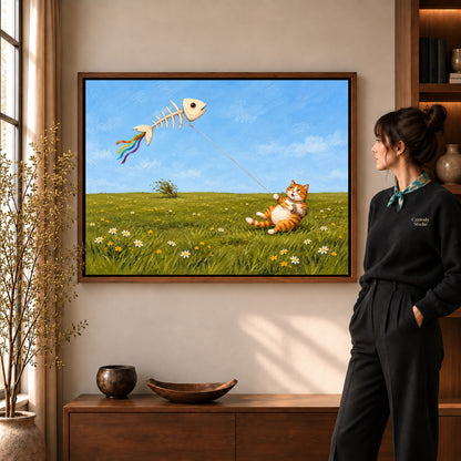 Joyful Kite Cat artwork in a walnut frame beside a standing woman in a warm room.