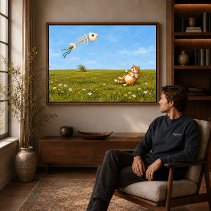 Walnut framed joyful kite cat artwork above a seated man in a wood furnished living room.