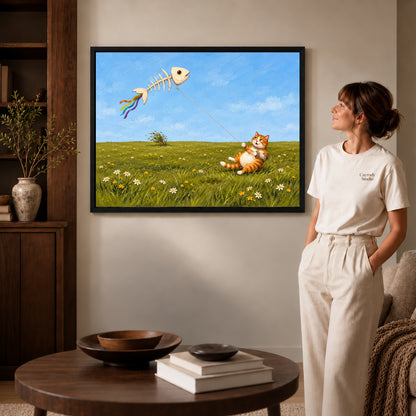 Black framed joyful kite cat artwork beside a woman in a warm neutral living room.