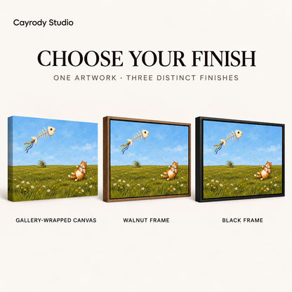 Joyful Kite Cat artwork finish chart showing gallery wrapped canvas, walnut frame, and black frame options.