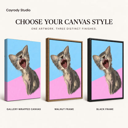 Yawning Kitten Portrait artwork finish chart showing gallery wrapped canvas, walnut frame, and black frame options.