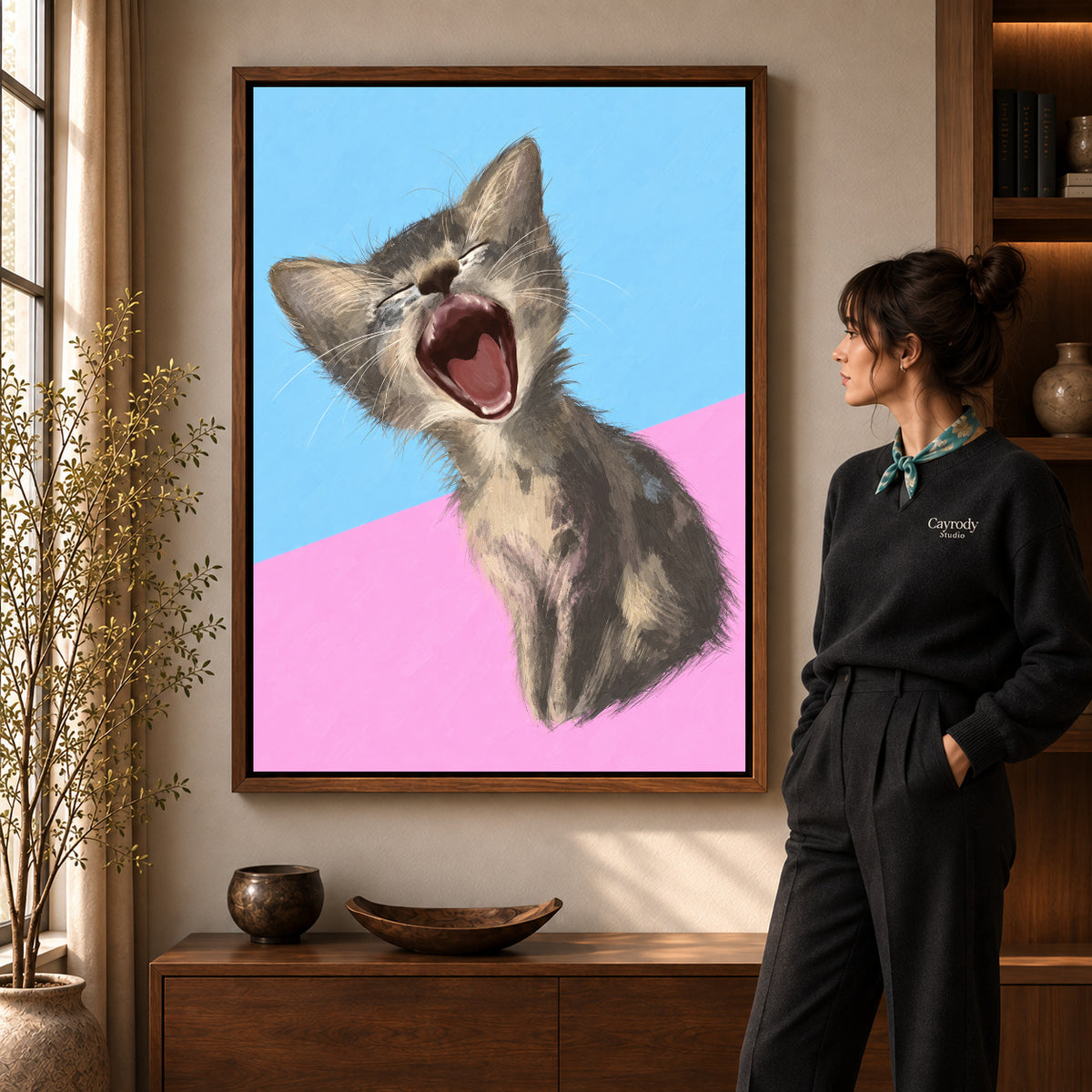 Walnut framed yawning kitten portrait artwork scene assigned to all six walnut framed canvas sizes.