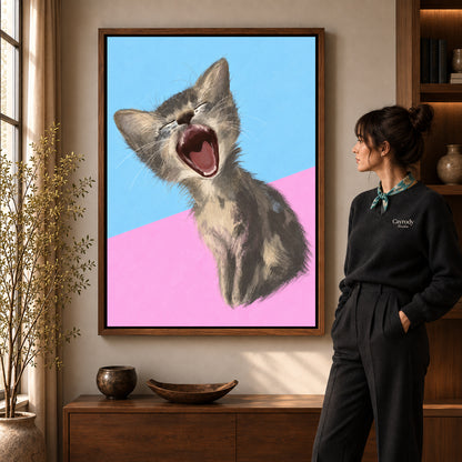 Walnut framed yawning kitten portrait artwork scene assigned to all six walnut framed canvas sizes.