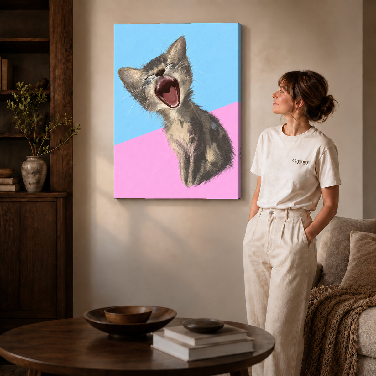Gallery wrapped yawning kitten portrait artwork scene assigned to all six unframed wrapped canvas sizes.