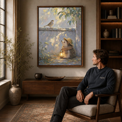 Walnut framed hedgehog lantern walk artwork above a seated man in a wood furnished living room.