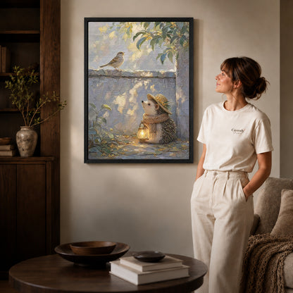 Black framed hedgehog lantern walk artwork beside a woman in a warm neutral living room.
