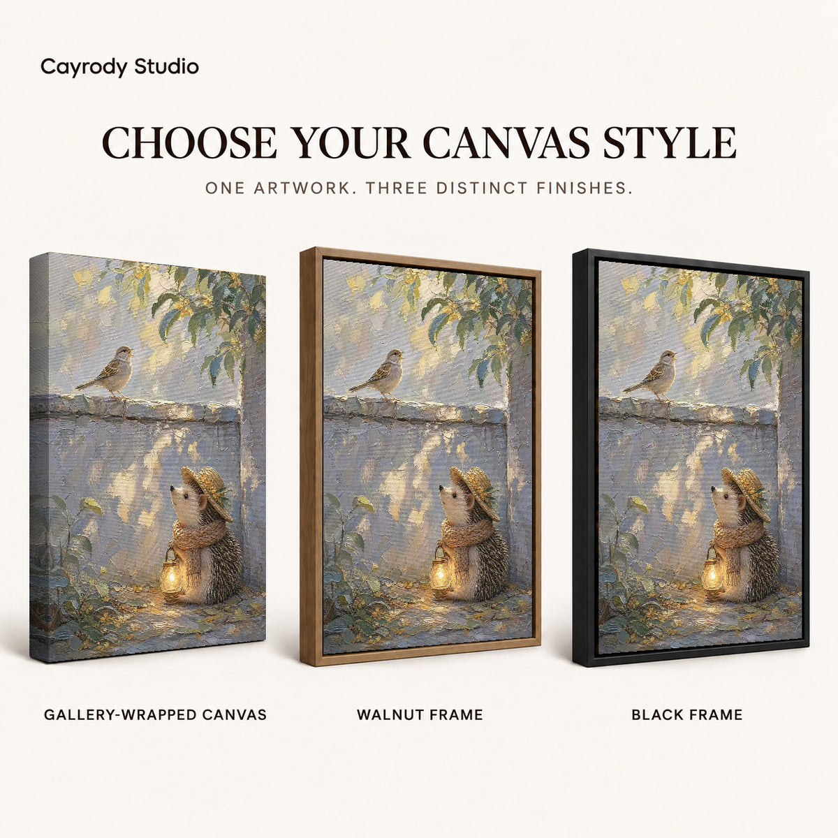 Hedgehog Lantern Walk artwork finish chart showing gallery wrapped canvas, walnut frame, and black frame options.
