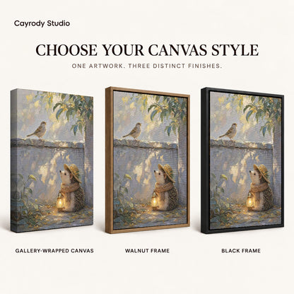 Hedgehog Lantern Walk artwork finish chart showing gallery wrapped canvas, walnut frame, and black frame options.