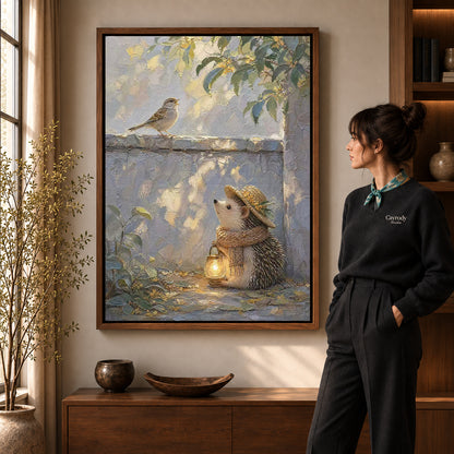Walnut framed hedgehog lantern walk artwork scene assigned to all six walnut framed canvas sizes.