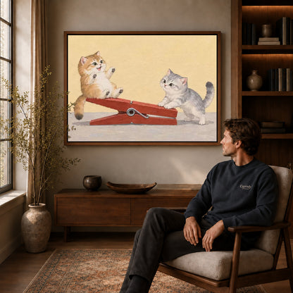 Walnut framed clothespin kitten friends artwork above a seated man in a wood furnished living room.