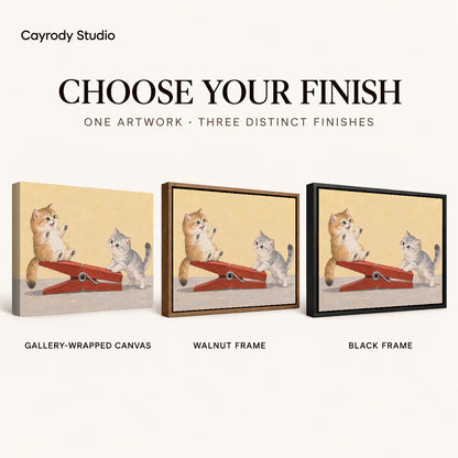 Clothespin Kitten Friends artwork finish chart showing gallery wrapped canvas, walnut frame, and black frame options.