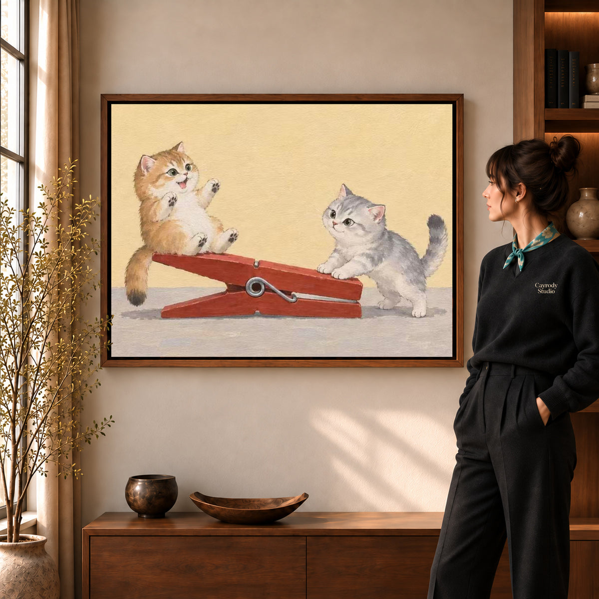 Walnut framed clothespin kitten friends artwork scene assigned to all six walnut framed canvas sizes.