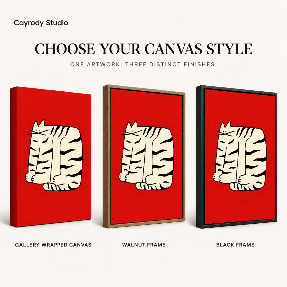 Bold Striped Cat artwork finish chart showing gallery wrapped canvas, walnut frame, and black frame options.