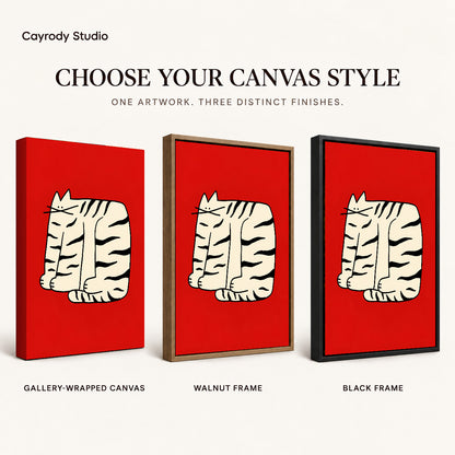 Bold Striped Cat artwork finish chart showing gallery wrapped canvas, walnut frame, and black frame options.
