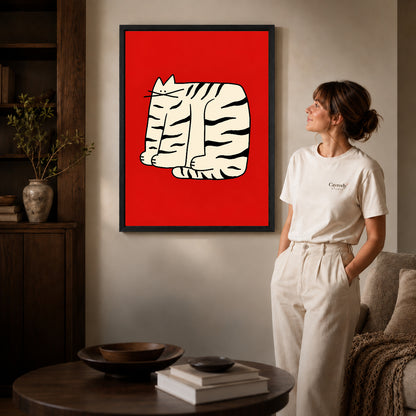 Black framed bold striped cat artwork scene assigned to all six black framed canvas sizes.