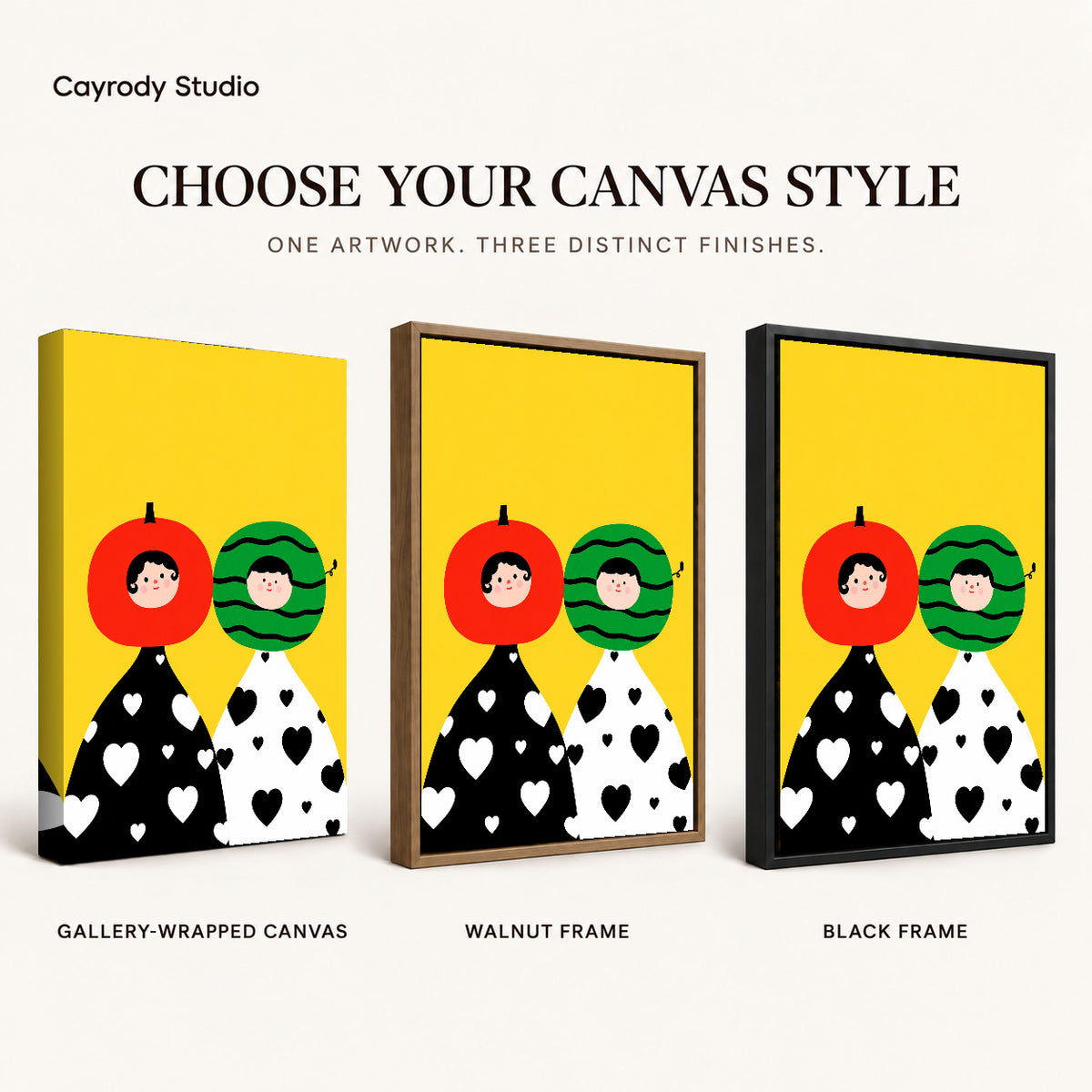 Fruit Head Couple artwork finish chart showing gallery wrapped canvas, walnut frame, and black frame options.